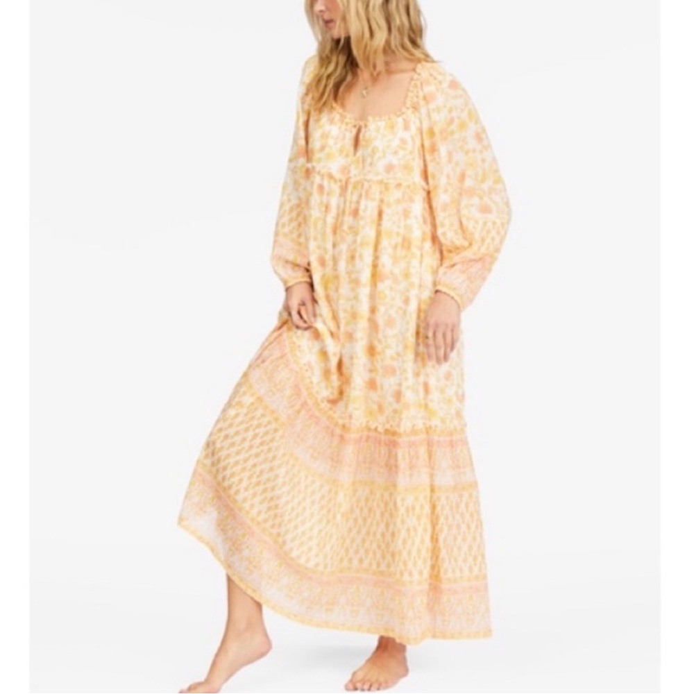 New Billabong Boho Yellow and Orange Floral Cream Bow Maxi Dress